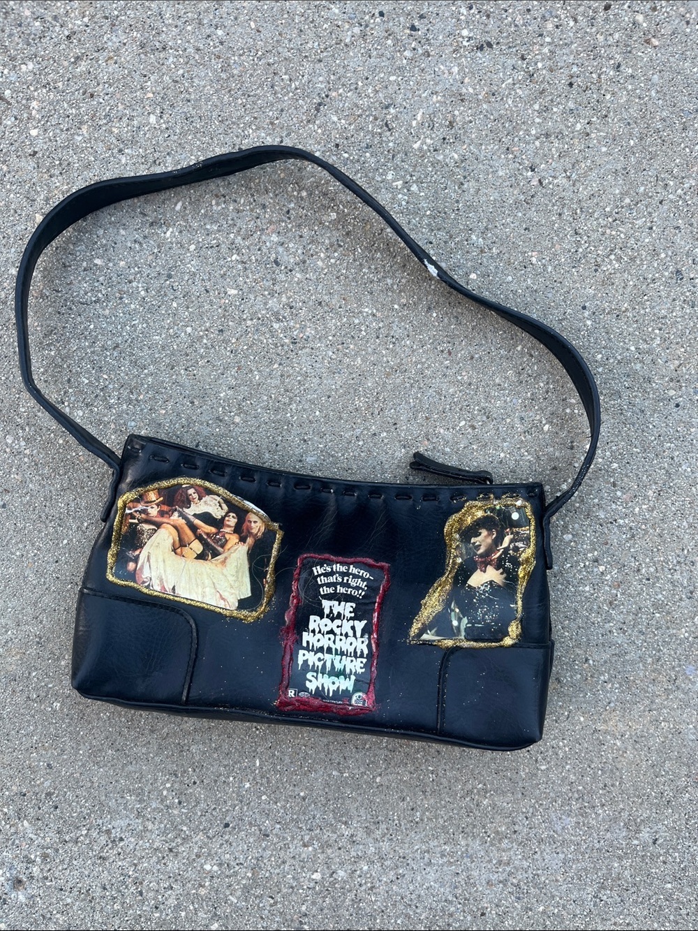 Black Rocky Horror Graphic Shoulder Bag with Decorative Prints! Hand made!